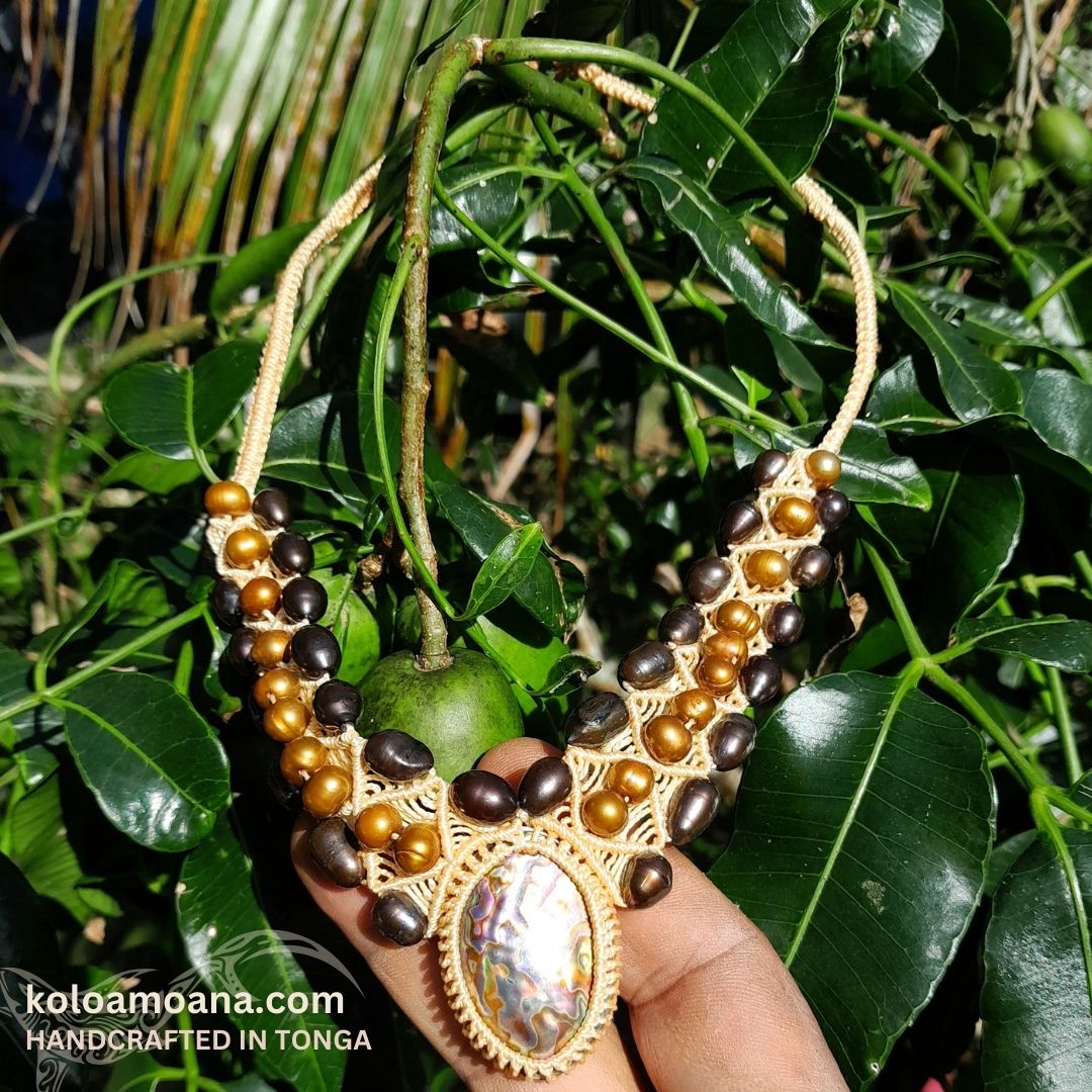 South Sea Cultured Bronze and Black Pearls With a Mother of Pearl Shell Woven Necklace & Earrings