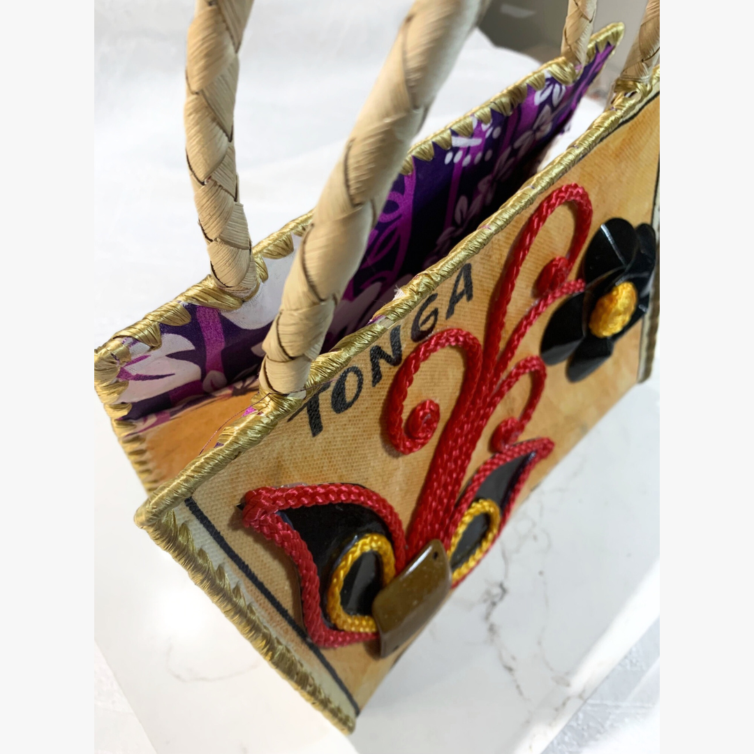 Handcrafted Tapa Handbag (Decorated with Cord & Coconut Shell)