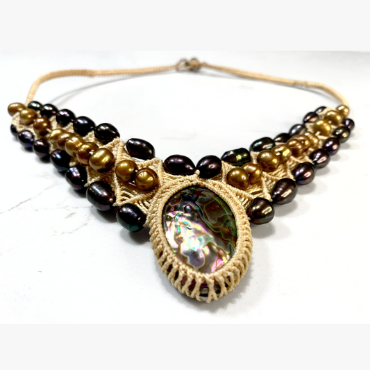 South Sea Cultured Bronze and Black Pearls With a Mother of Pearl Shell Woven Necklace & Earrings