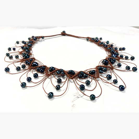 Tongan Cultured Black Pearls Woven Necklace, Bracelet & Earrings