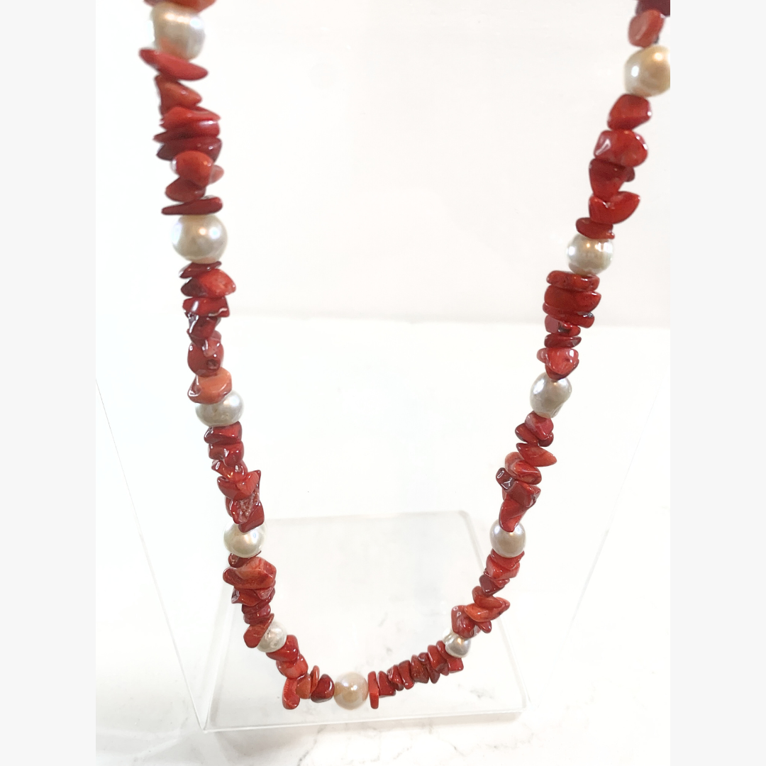Cultured White Baroque Pearls with Red Shells Necklace & Earrings
