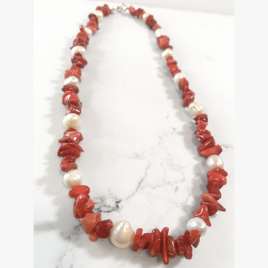 Cultured White Baroque Pearls with Red Shells Necklace & Earrings