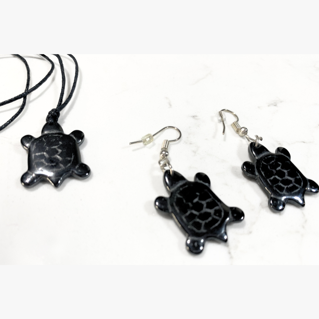 Deep Sea Stone Carved Turtle Necklace & Earrings