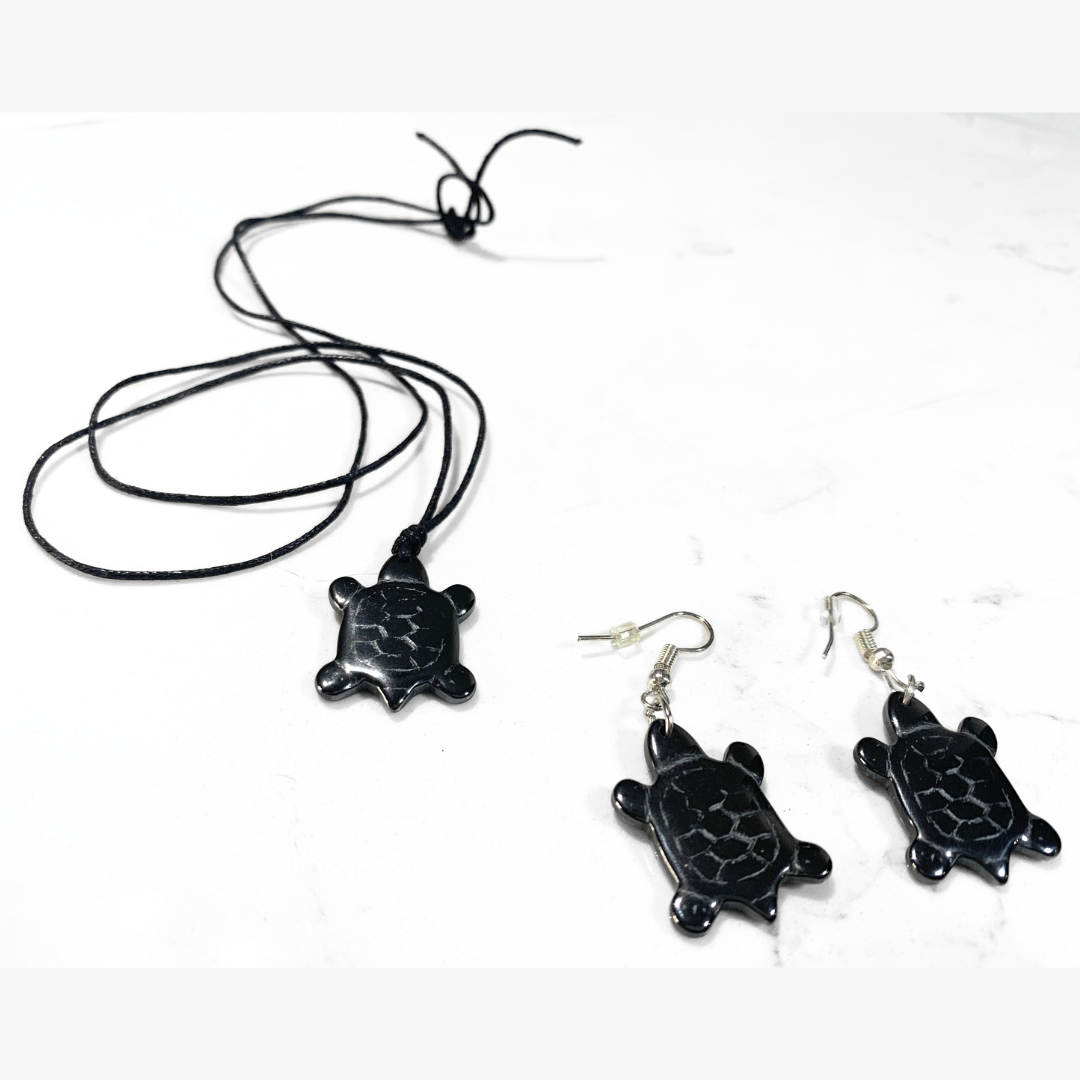 Deep Sea Stone Carved Turtle Necklace & Earrings