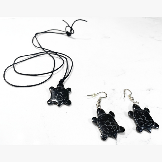 Deep Sea Stone Carved Turtle Necklace & Earrings