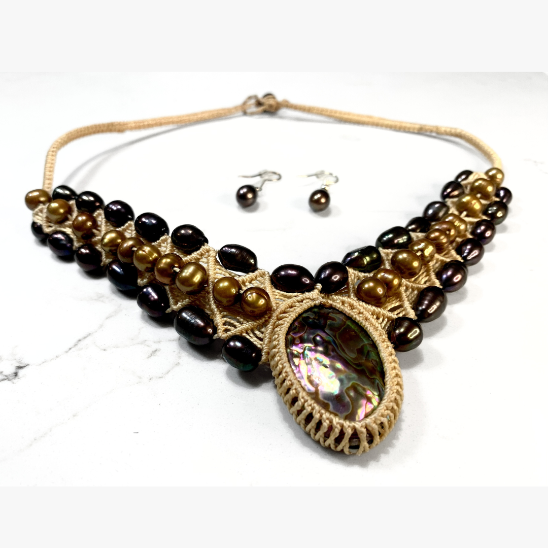 South Sea Cultured Bronze and Black Pearls With a Mother of Pearl Shell Woven Necklace & Earrings