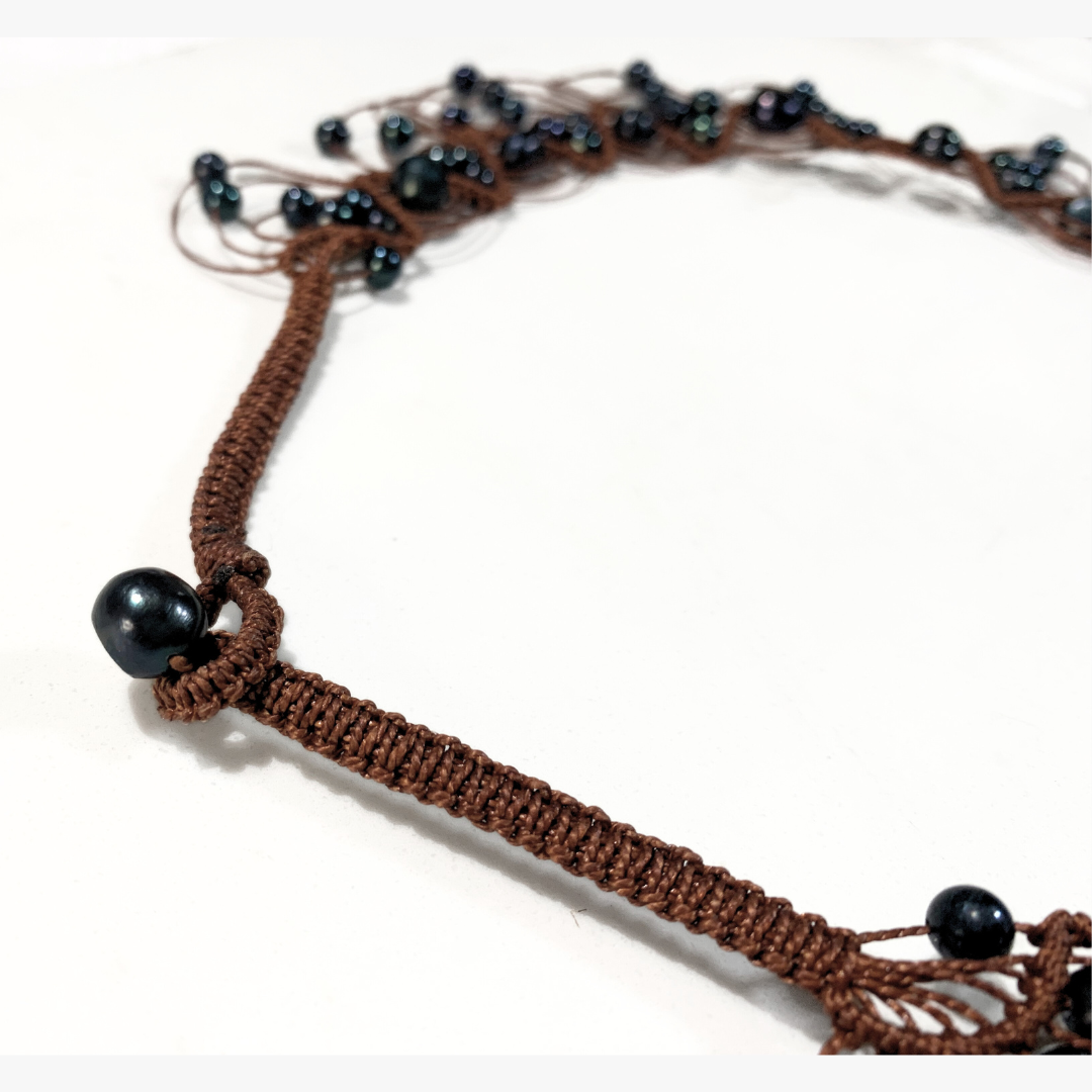 Tongan Cultured Black Pearls Woven Necklace, Bracelet & Earrings