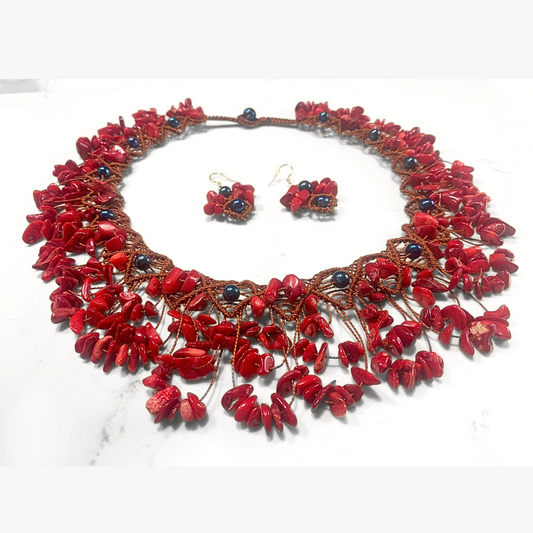 Red Shells & Cultured Black Tongan Pearls Woven Necklace & Earrings
