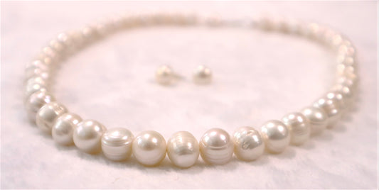 South Sea Cultured White Baroque Pearl Necklace & Earrings 11-13 mm