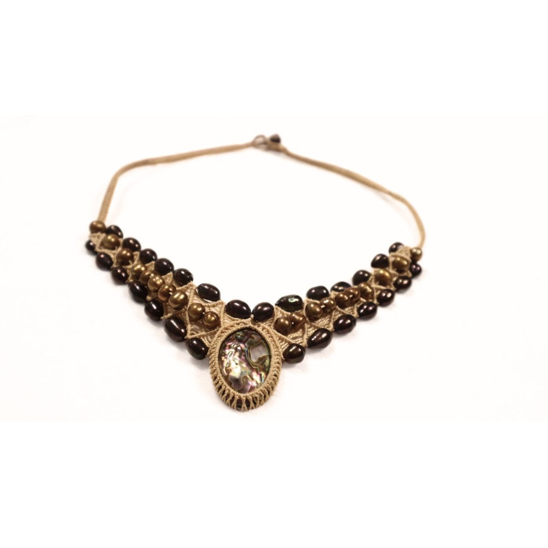 South Sea Cultured Bronze and Black Pearls With a Mother of Pearl Shell Woven Necklace & Earrings