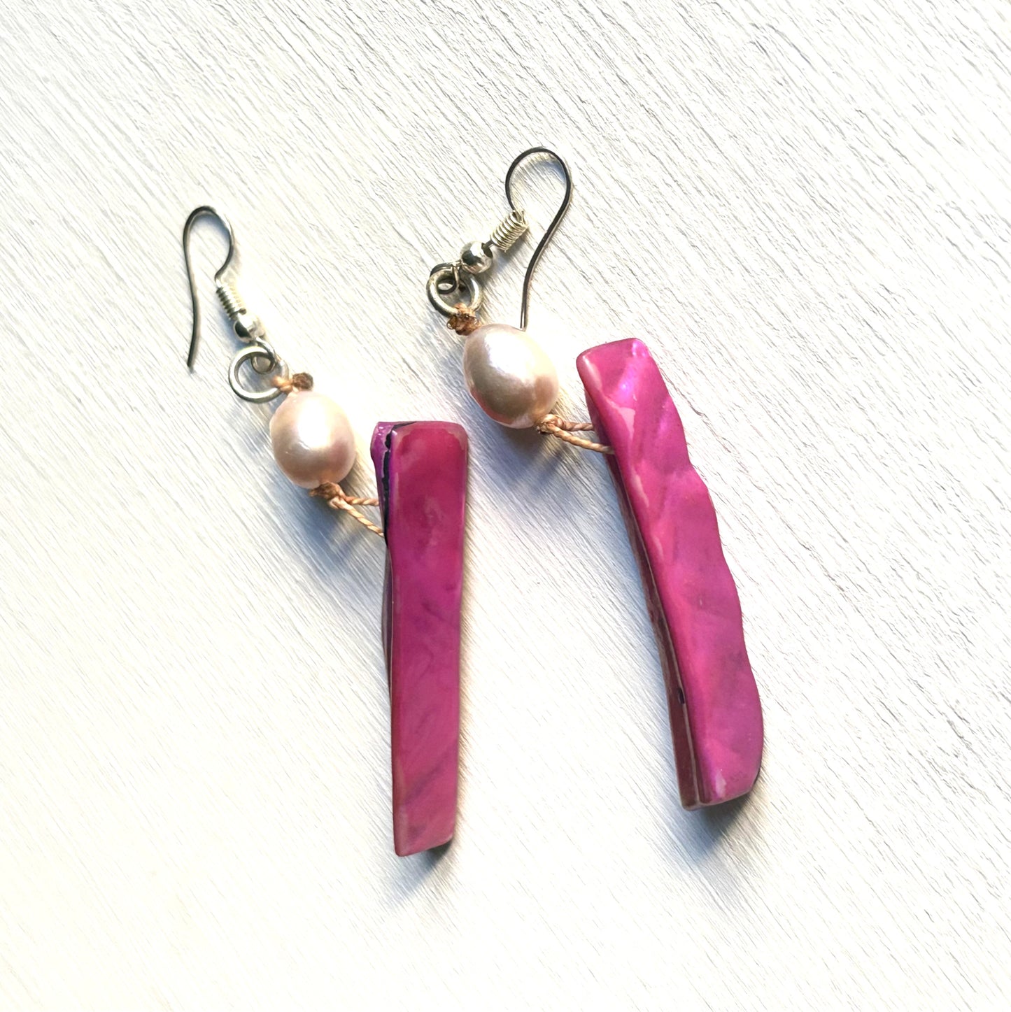 Handcrafted Fuchsia Tongan Shells & White Baroque Pearls Earrings