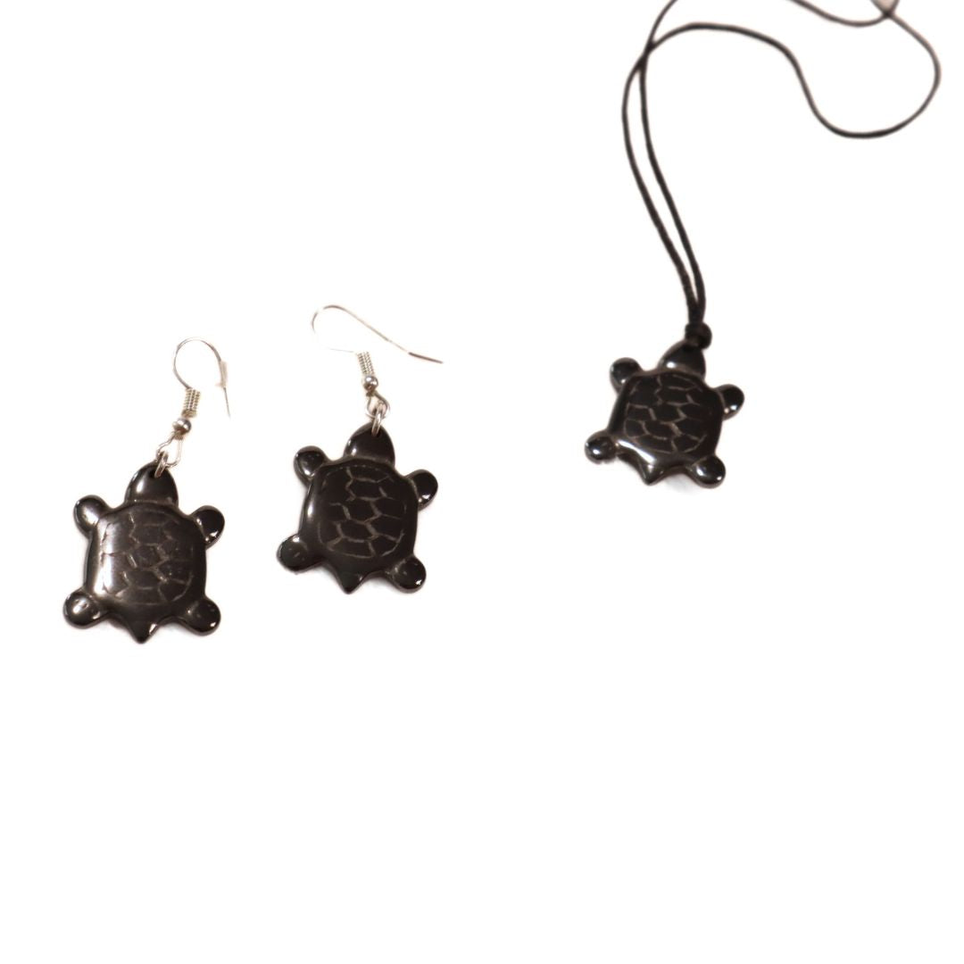 Deep Sea Stone Carved Turtle Necklace & Earrings