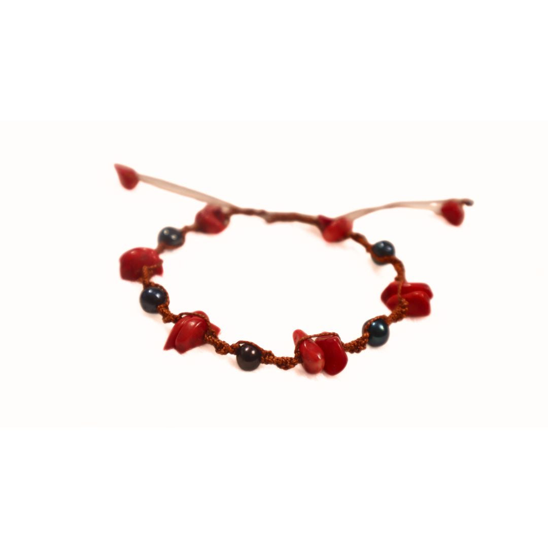 Red Shells & Cultured Black Tongan Pearls Woven Necklace, Bracelet & Earrings