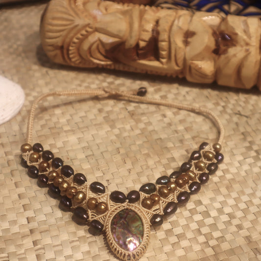 South Sea Cultured Bronze and Black Pearls With a Mother of Pearl Shell Woven Necklace & Earrings