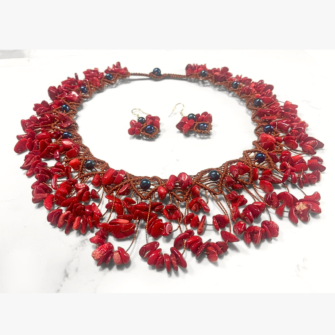 Red Shells & Cultured Black Tongan Pearls Woven Necklace & Earrings ...