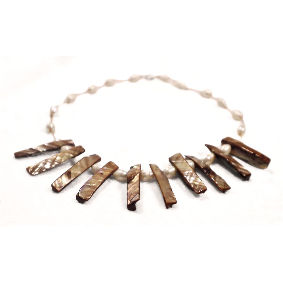 South Sea (Tonga) Cultured White Baroque Pearls & Taupe Shells Necklace